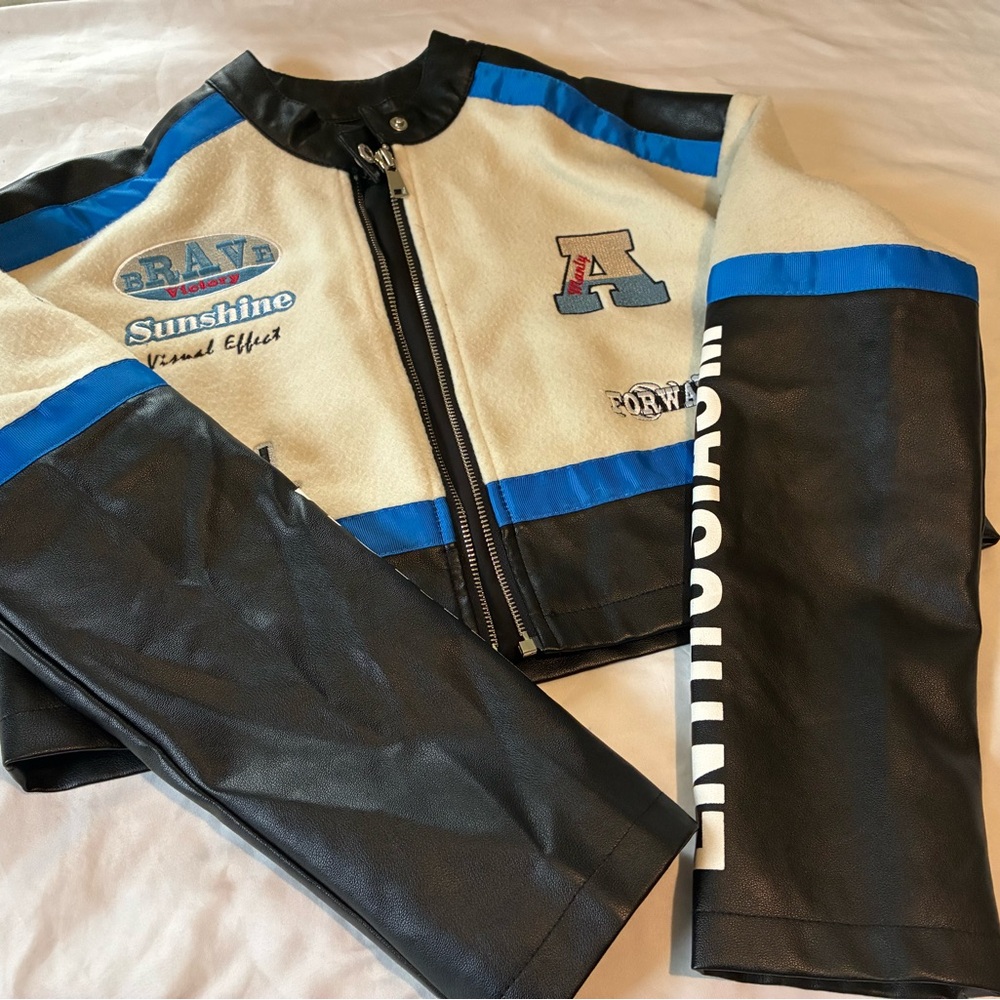 SHEIN Black White and Blue Faux Leather Racing Jacket